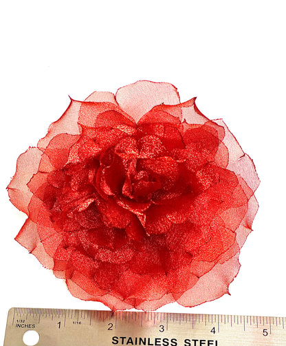 Handmade Red Rose Flower Brooch – 4" Organza Pin for Dresses, Hats & Blazers