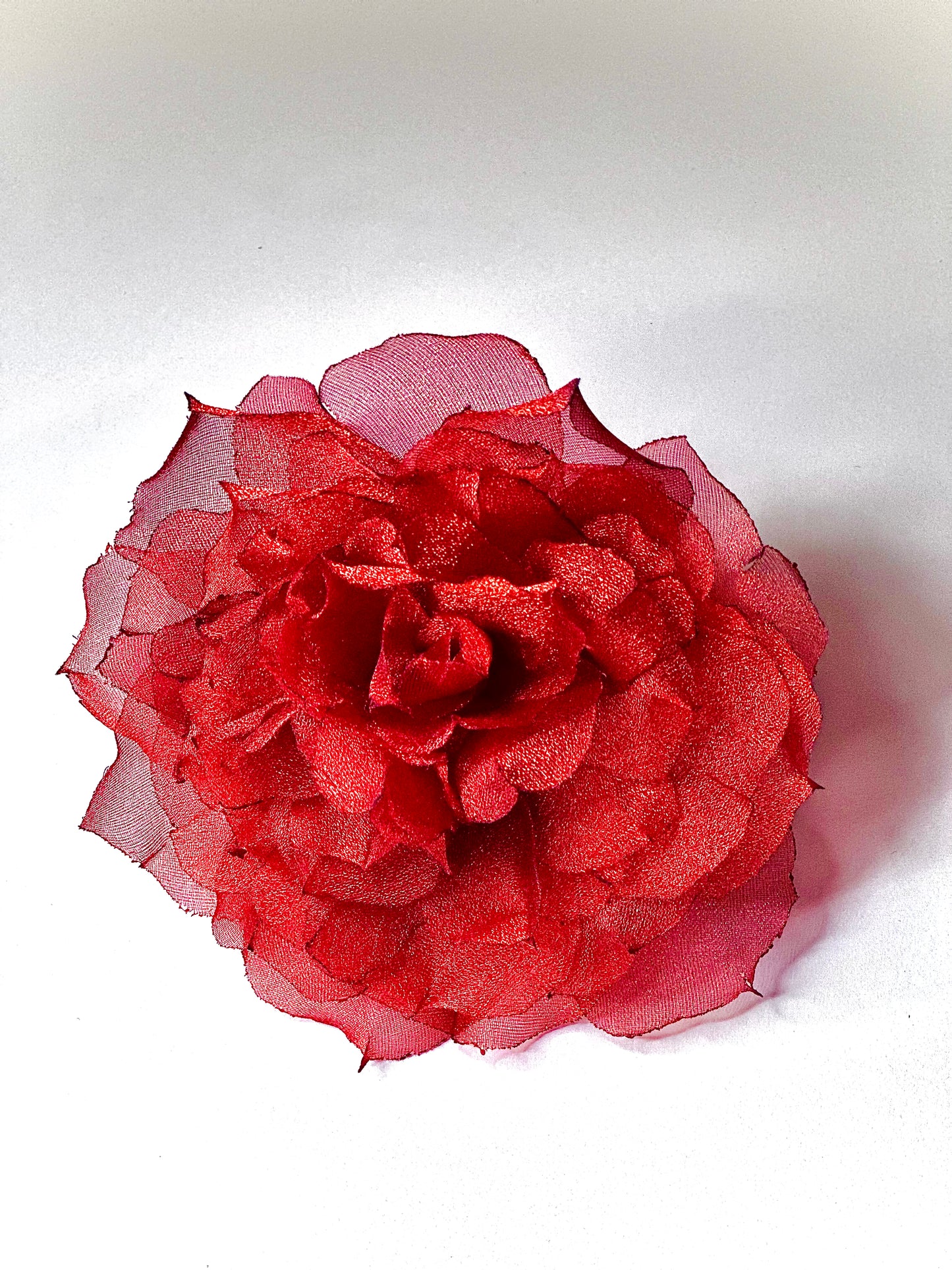 Handmade Red Rose Flower Brooch – 4" Organza Pin for Dresses, Hats & Blazers