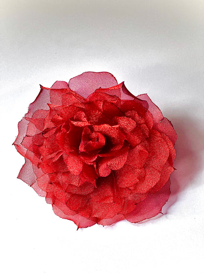 Handmade Red Rose Flower Brooch – 4" Organza Pin for Dresses, Hats & Blazers