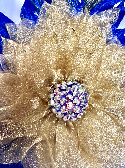 Luxury Blue & Gold Flower Brooch with Crystals & Peacock Feather –Elegant Pin for Dresses, Blazers & Hats