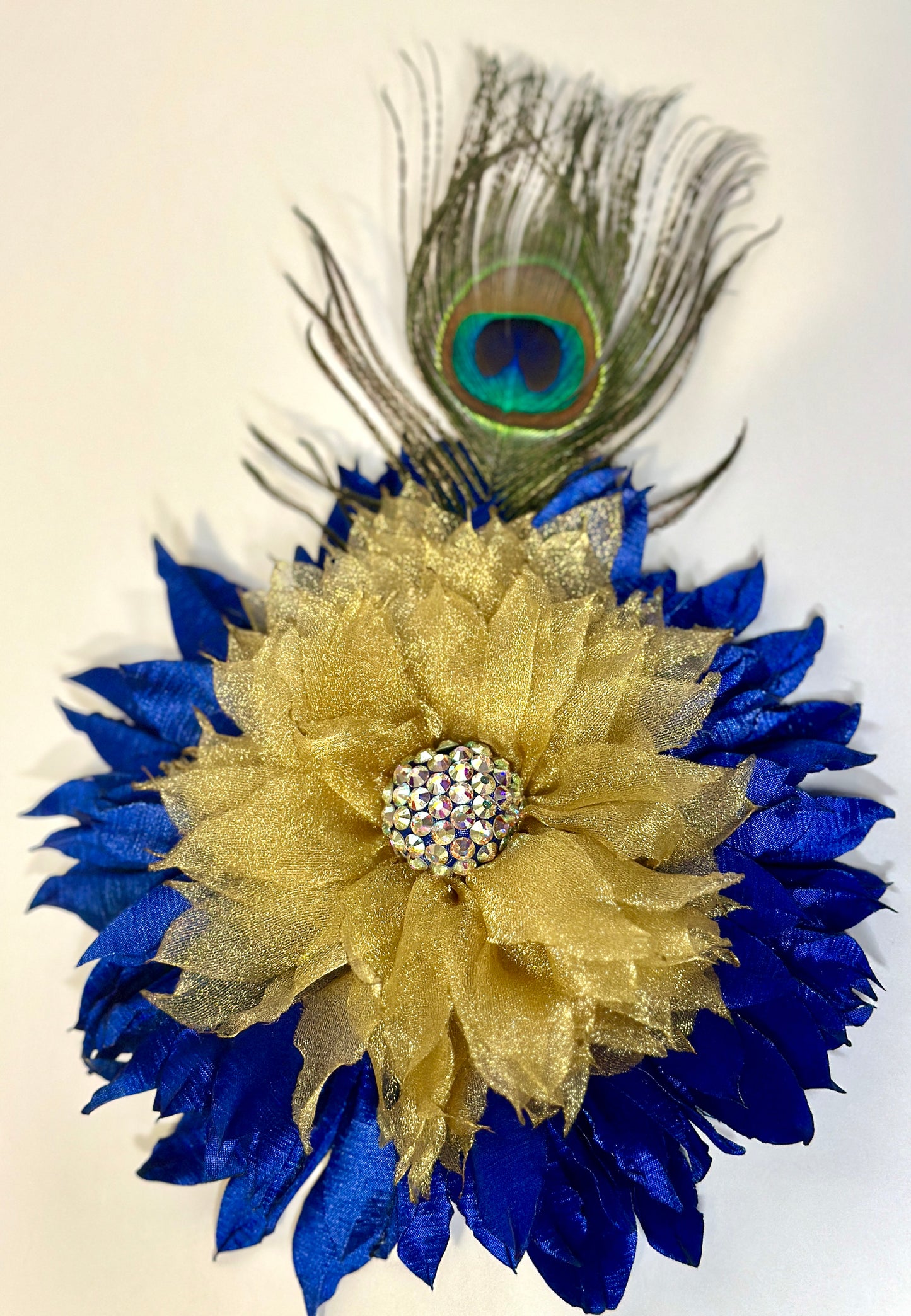 Luxury Blue & Gold Flower Brooch with Crystals & Peacock Feather –Elegant Pin for Dresses, Blazers & Hats