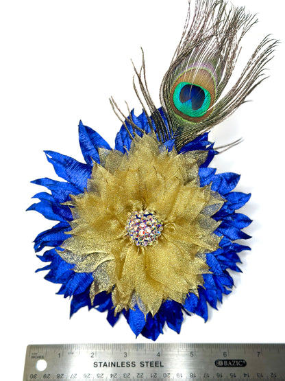 Luxury Blue & Gold Flower Brooch with Crystals & Peacock Feather –Elegant Pin for Dresses, Blazers & Hats