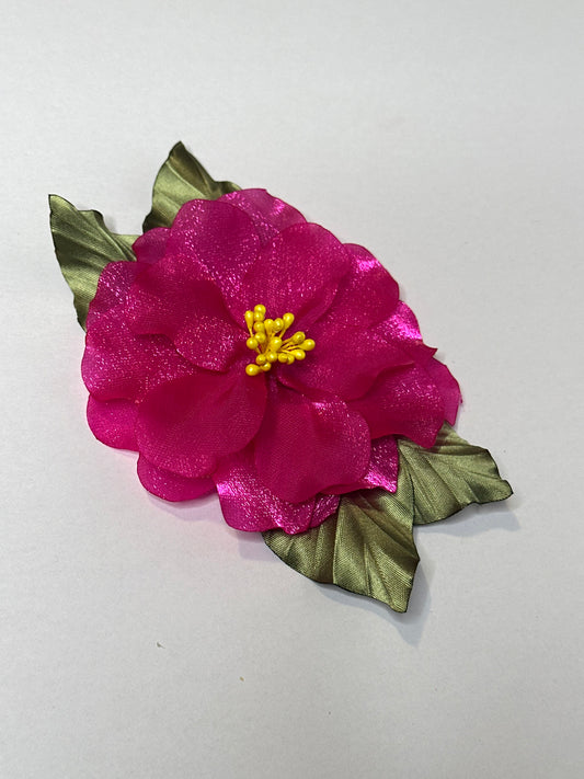 Handmade Fuchsia Rose Hair Clip – Floral Hair Accessory with Yellow Seeds & Green Leaves