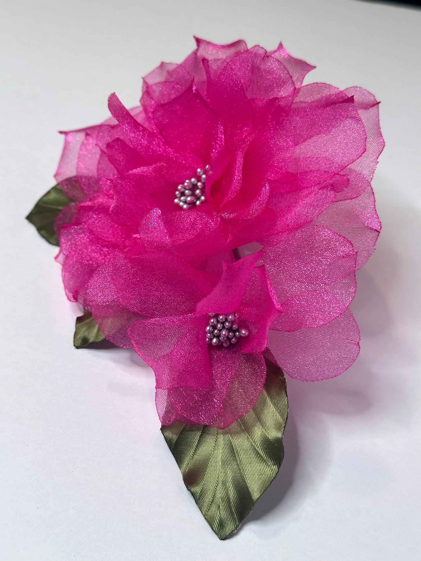 Handmade Rose Brooch – Fuchsia Bloom with Silver Pistils & Green Leaves