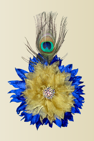 Luxury Blue & Gold Flower Brooch with Crystals & Peacock Feather –Elegant Pin for Dresses, Blazers & Hats