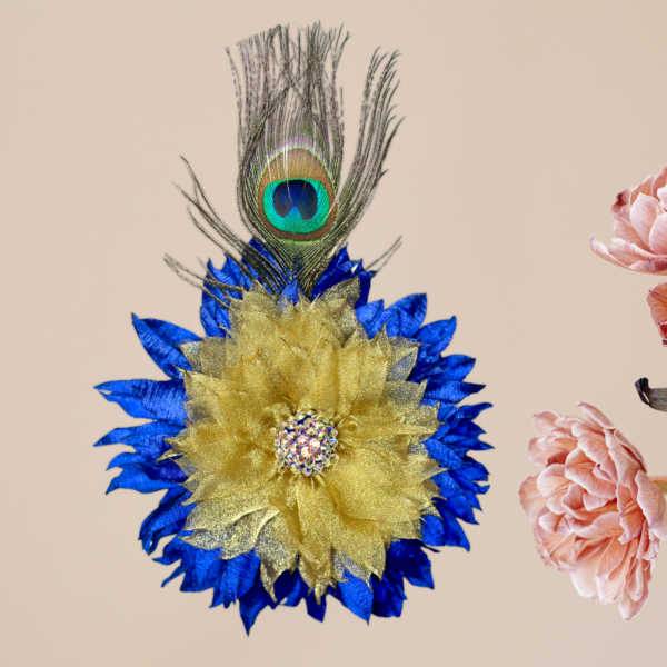 Handmade Peacock Feather brooch | Luxury Blue & Gold Flower Brooch